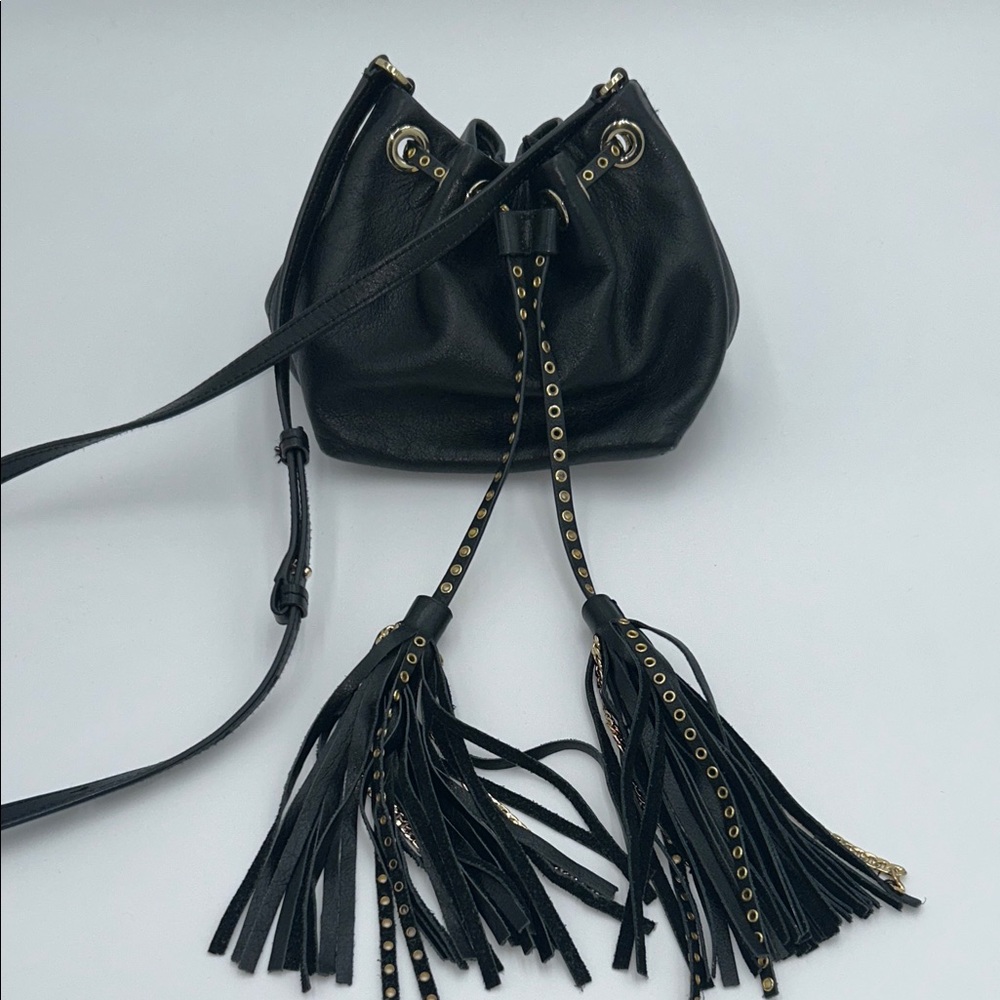 Banana Republic vintage black, Leather Tassel Bucket Bag